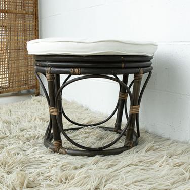 Large Vintage Woven Bentwood Bamboo Ottoman with White Cushion 
