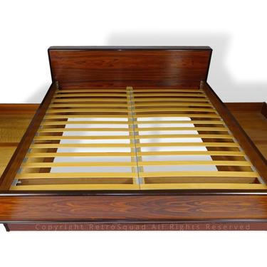 King Size Danish Modern Brazilian Rosewood Platform Floating Bed + 2 Under Bed Storage by Brouer / MCM Mid Century Call 571-330-0810 