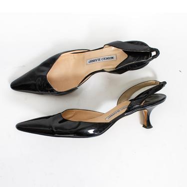 Vintage Manolo Blahnik Kitten Heels Black Patent Leather Low Heel Shoe 1990s - Sz 9  39 1/2 