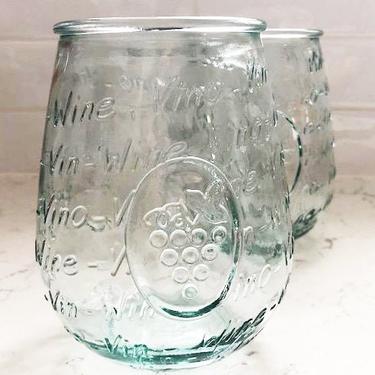 Authentic Stemless Wine Glasses Set of 2 Embossed Green Glass Words VINO - WINE - VIN grapes by LeChalet