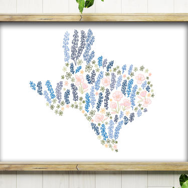 Art Print // Texas Primrose &amp; Bluebonnets // 5x7 + 8x10 Hand Drawn Texas State Map with Bluebonnets and Primrose Wildflowers 
