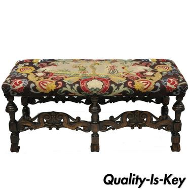 Antique Italian Renaissance French Baroque Carved Walnut 40" Needlepoint Bench