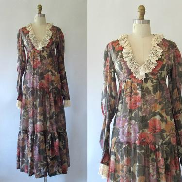 ENGLISH ROSE Vintage 70s Granny Dress | 1970s Gunne Sax Black Label Floral Maxi with Leg O Mutton Sleeves | Prairie Boho Hippie | Size Small 