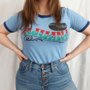Vintage 80's Blue T-Shirt Tijuana Mexico Ringer Tee 