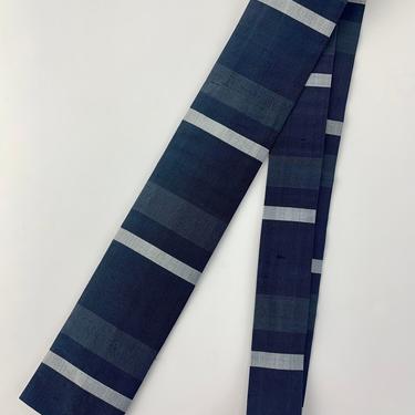 1960'S Horizontal Striped Tie - PURE SILK - Narrow Mod Square End Tie - Blue Tonal Stripes 