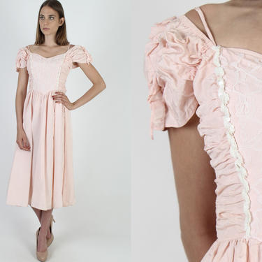 80s Gunne Sax Pink Prom Dress / Vintage Jessica McClintock Wedding Dress / Ruffle Off Shoulder Dress / Sequin Romantic Gown Midi Maxi 