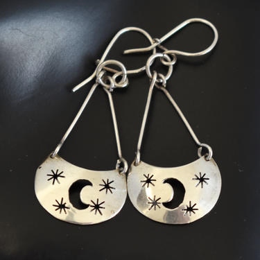 Handcrafted 70's 925 silver crescent moon & stars boho shield dangles, whimsical cut out sterling celestial mystic hippie earrings 