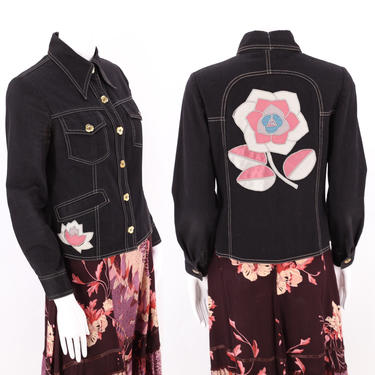 70s Roncelli Black Appliqued Brushed Cotton Jacket / vintage 1970s satin flower custom jacket sz 6 / S 