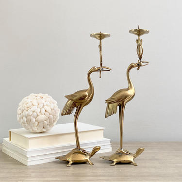 Pair Brass Crane Egret Standing on Turtle Candlesticks Candle Holders Lucky Feng Shui 