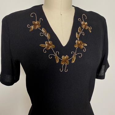 Vintage 1940s Sequined Blouse 40s Crepe Beaded Black and Gold size medium Gift 