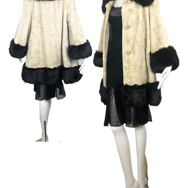 60s Ivory and Black Faux Fur Penny Lane Coat / Medium-Large 