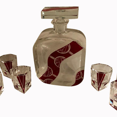 Art Deco Decanter Set in Red and Clear Czech Crystal