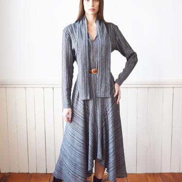 Vintage 1980s Norma Kamali Striped Wool Dress | S | 80s/ Grey Striped Dress with Asymmetrical Hem by Norma Kamali 