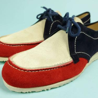 Vintage mod suede loafers. 1960s. Red, white, blue. By Town & Country. (9.5) 
