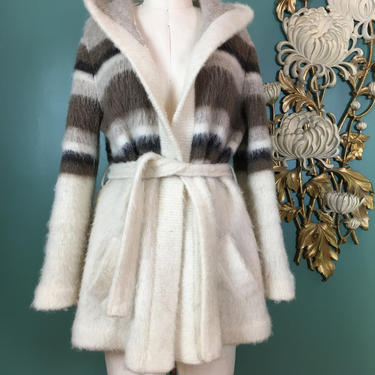 Hilda ltd, 1970s sweater coat, hooded coat, vintage 70s cardigan, Icelandic wool, size medium, striped beige sweater, bohemian style, hippie 