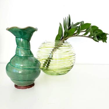 Vintage Pottery Green Swirl Vase 