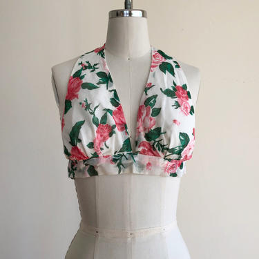 Pink and Green Floral Print Halter Top - 1970s 