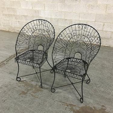 LOCAL PICKUP ONLY Vintage Patio Set Retro 1960s Set of 2 Matching Woven Trim Detail Cast Iron Patio Chairs + High Rounded Back + Curved Feet 