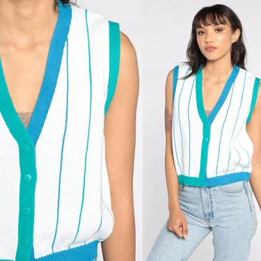 Knit Vest Top 80s White Striped Knit Tank Top Button Up Sleeveless Sweater 1980s Retro Striped Vintage Blue Turquoise Green Liz Sport Small 