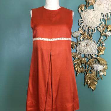 1960s mini dress, vintage sheath, sleeveless dress, rust satin, empire waist, size medium , mod dress, Mary quant style, 36 bust, shift 
