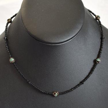 60's cloisonne handcrafted black beads sterling clasp hippie goth choker, edgy glass enameled metal 925 silver necklace 