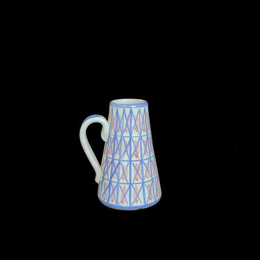 Vintage Mid Century Modern Scandinavian Pottery Pitcher Vase with Blue & Pink X Design Sweden 5.25&quot; Tall Swedish Ceramic Pottery 
