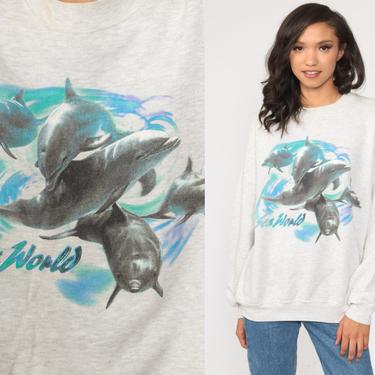 Dolphin Sweatshirt 90s Sea World Shirt Animal Print Jumper Under The Sea Sweatshirt Graphic Sweater Vintage Kawaii Medium Large 