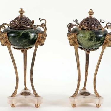 Antique Urns, Green Marble, French Empire Style, Bronze and Marble, Pair, 1900's