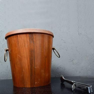 Modern Barware Walnut Wood Ice Bucket Set Stainless Steel Tongs 1960s JAPAN 