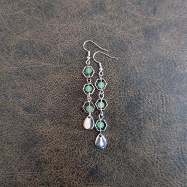 Long sea glass earrings, bohemian beach earrings, bold earrings, boho earrings, green dangle earrings, geometric hexagon earrings, artisan2 