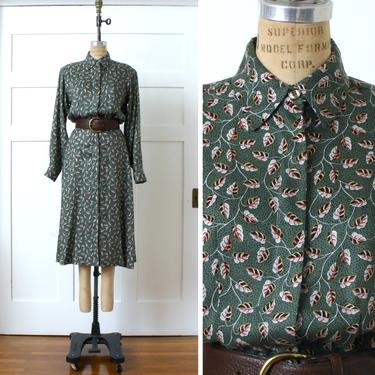 vintage 1990s rayon dress • 1940s inspired abstract leaf print shirtwaist dress • KENAR designer green day dress 