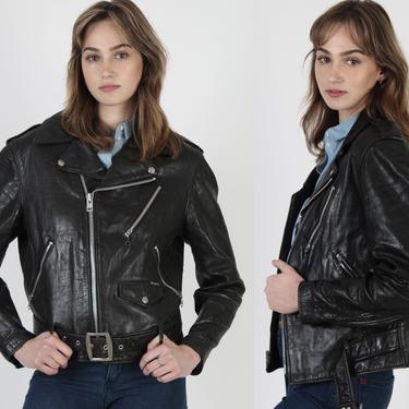 Vintage Mens Schott NYC Black Leather Motorcycle Biker Jacket Belted Womens Moto Coat 