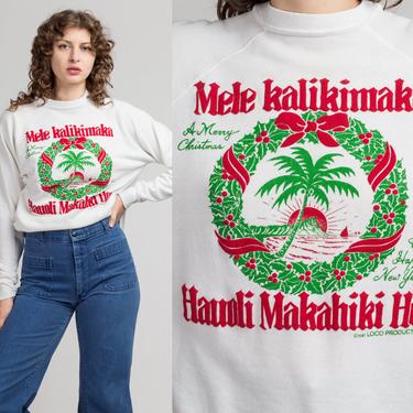 80s Mele Kalikimaka Sweatshirt - Large to XL | Vintage Unisex White Raglan Sleeve Hawaiian Christmas Pullover 