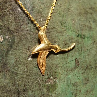 Vintage Signed 14K Yellow Gold Swallow Pendant, Minimalist Gold Bird Pendant, Petite Gold Charm Pendant, 585 Jewelry, 1 1/8&quot; 