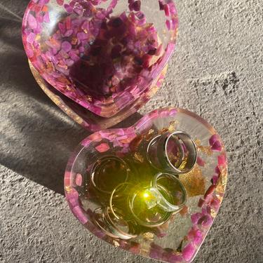 Resin Raw Ruby and Gold Leaf Crystal Filled Heart Catchall Card Holder Jewelry Ring Holder Tealight Holder 