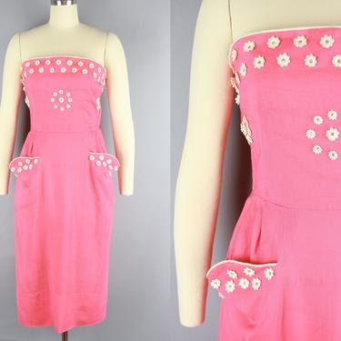 1960s STRAPLESS Dress &amp; Wrap Set | Vintage 50s 60s Coral Linen Two Piece Set with Rhinestone Flower Details | medium 