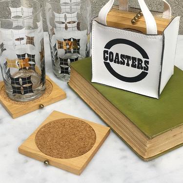 Vintage Coaster Set Retro 1980s Brown Wood and Cork + Set of 6 Matching + With Holder + Drink and Barware + Home and Kitchen Decor 