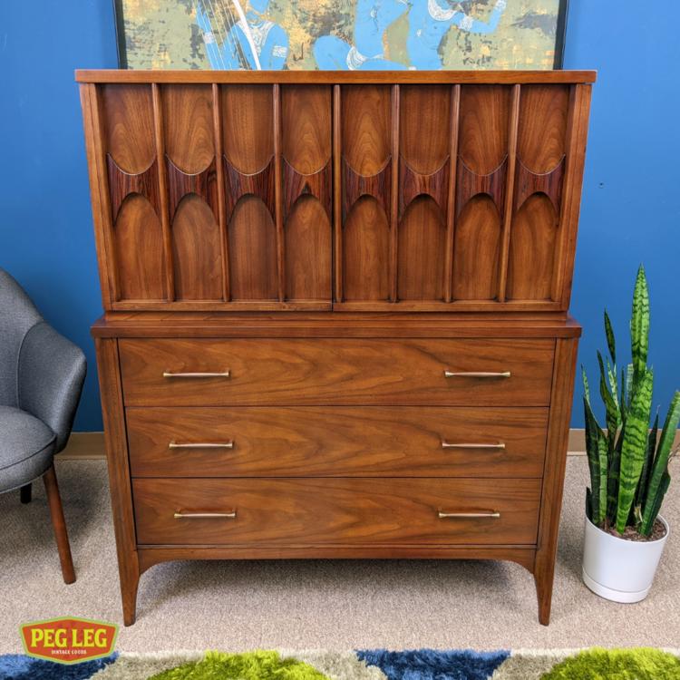 Mid-Century Modern walnut highboy dresser from the Perspecta collection by Kent Coffey