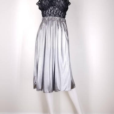 Vintage 90s Silver Lame Midi Skirt ~ S/M ~ Shiny Metallic A Line Holiday Skirt ~ Deadstock with Tags ~ Elastic Waist with Pockets 