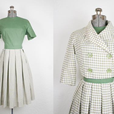 1950's Green Cotton Gingham Day Dress with Jacket / Size Small Medium 
