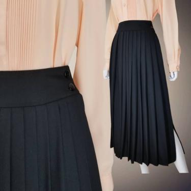 Vintage Black Wool Skirt, Small Medium / Pleated Wool Swing Skirt / Long Full Midi Secretary Skirt / 1940s Style Solid Black Teacher Skirt 