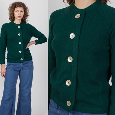1950s Emerald Green Cashmere Souffle Knit Sweater - Medium | Vintage 50s Abalone Button Up Long Sleeve Cardigan 