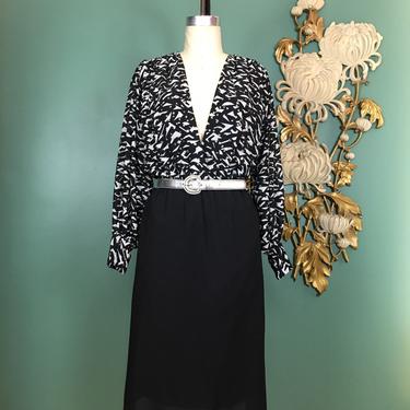 1980s blouson dress, vintage 80s dress, black and white, sparkle glitter dress, size medium, cachet, balloon sleeves, plunging, holiday, nye 