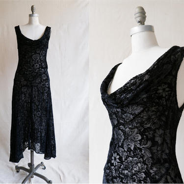 Vintage 90s Burnout Velvet Bias Cut Cowl Neck Gown/ 1930s Style Black Sheer Mid Length Dress/ Size Medium 