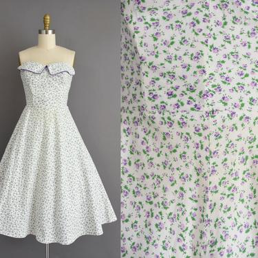 vintage 1950s dress | Adorable Purple Floral Print Strapless Cotton Summer Sun Dress | Small | 50s vintage dress 