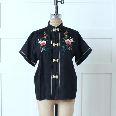 vintage 1960s embroidered peonies blouse • Japanese black brocade top with frog closures & floral embroidery 