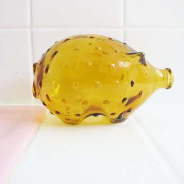 Vintage Small Glass Pig Bottle - Mustard Amber Yellow Glass Pig Piglet Figurine Statue - Quirky Home Decor - Kawaii Eclectic Home 
