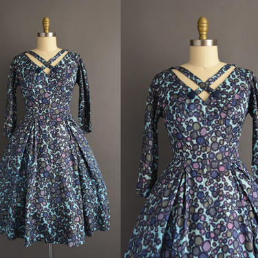 1950s vintage dress | Leslie Fay Criss-Cross Neckline Full Skirt Blue Cocktail Party Dress | Large | 50s dress 