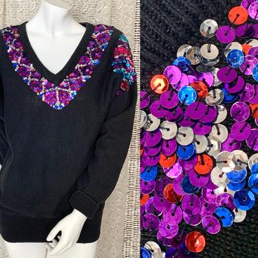 Multi Sequin Beaded Sweater Top, Batwing Pull-Over, Bright Colors on Black, Vintage 1992 