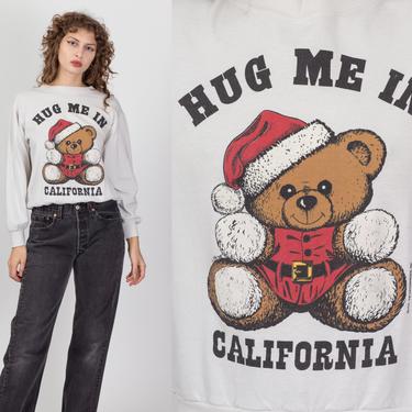 90s &quot;Hug Me In California&quot; Teddy Bear Santa Sweatshirt - Medium | Vintage White Slouchy Cropped Christmas Pullover 